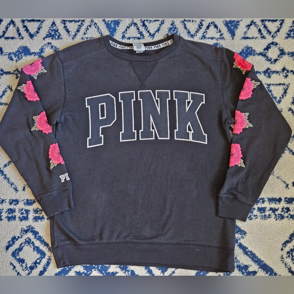 PINK Victoria's Secret Black Sweatshirt with Pink Embroidered Flowers On Sleeves